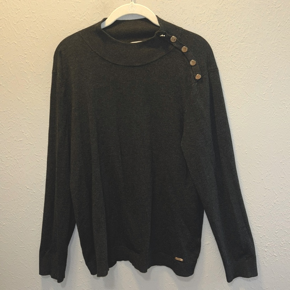 Calvin Klein Black Gray Sweater Gold Button Accent Mock Neck Women’s Sz Large